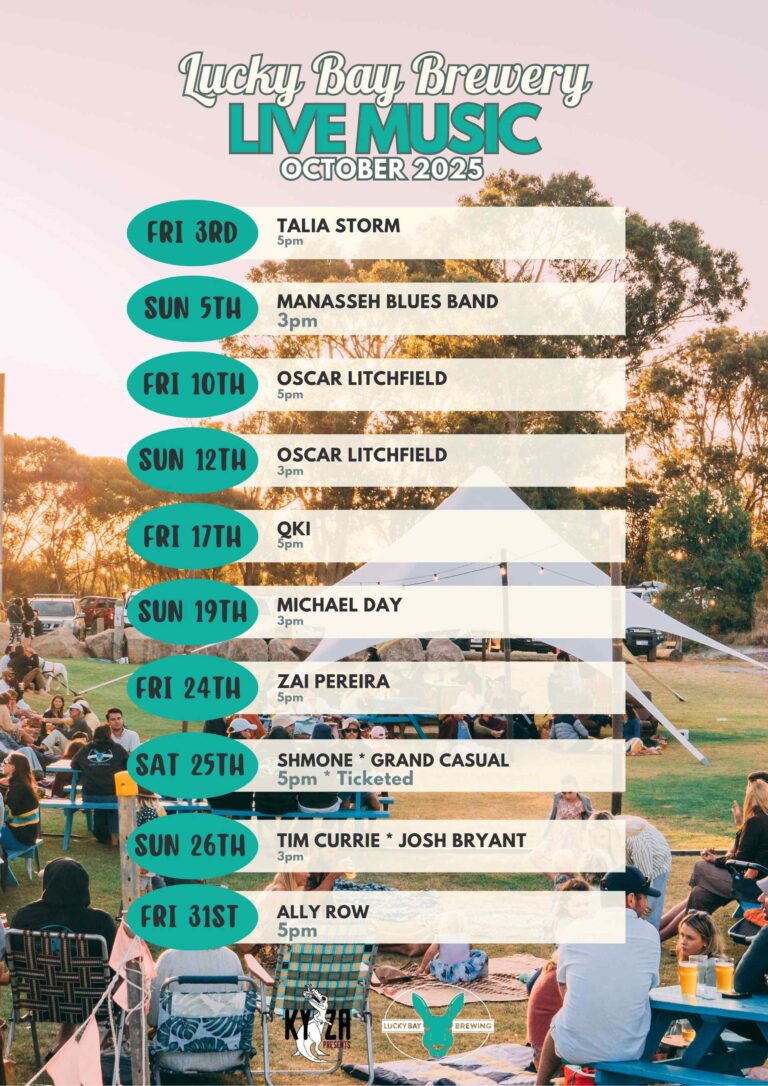October 2025 live music program at Lucky Bay Brewing, Esperance WA
