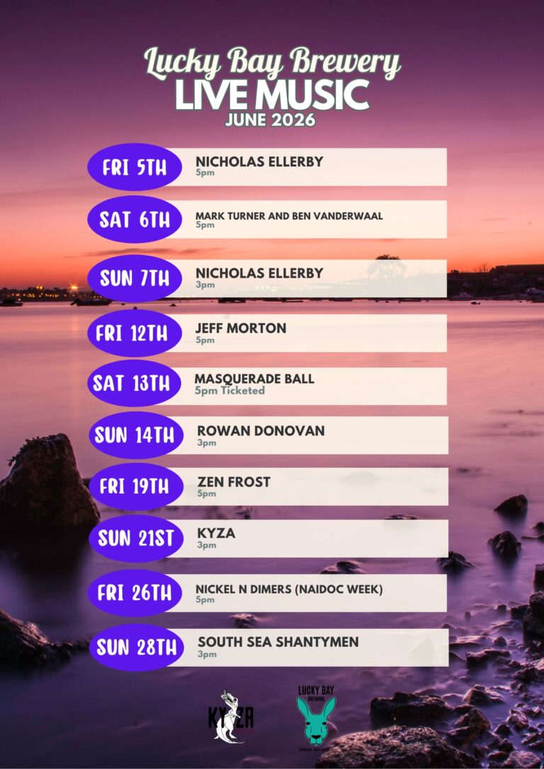 Live music program June 2026 at Lucky Bay Brewing