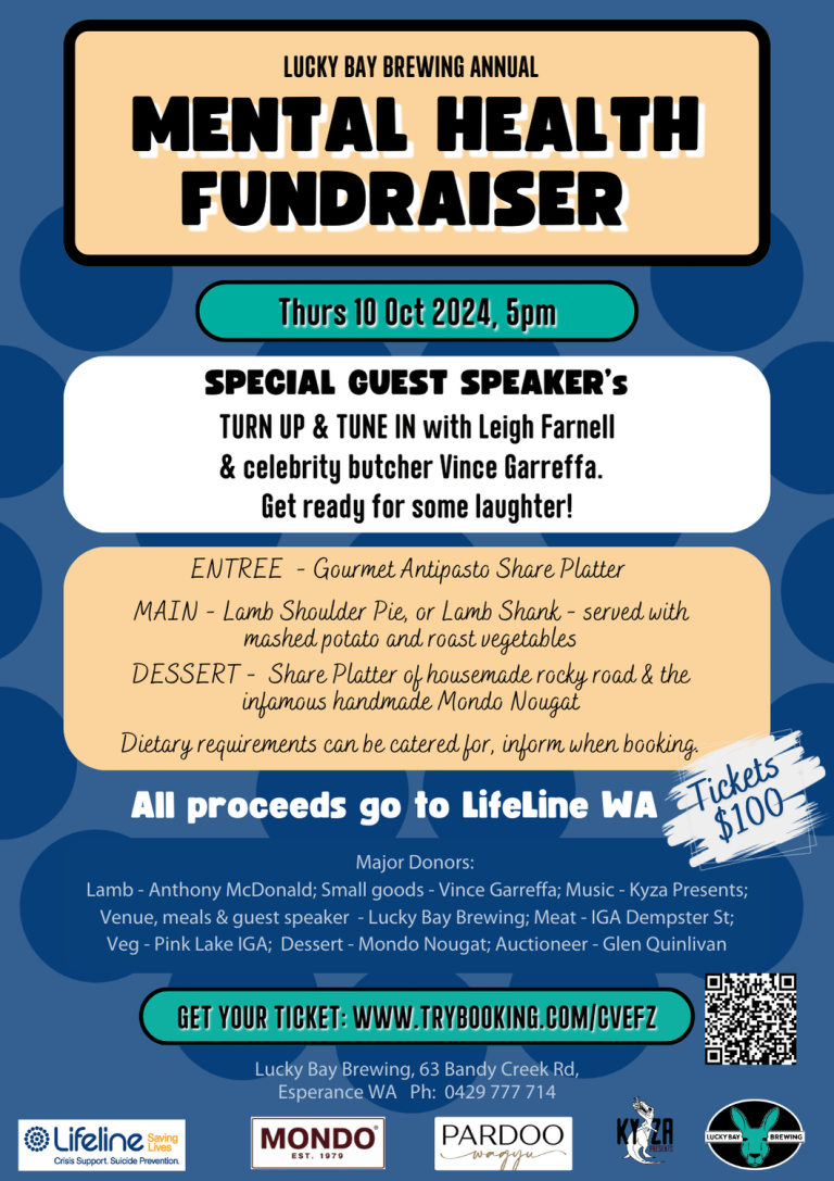 Mental Health fundraiser event at Lucky Bay Brewing, Thursday 10 October, with live music form Kyza Presents