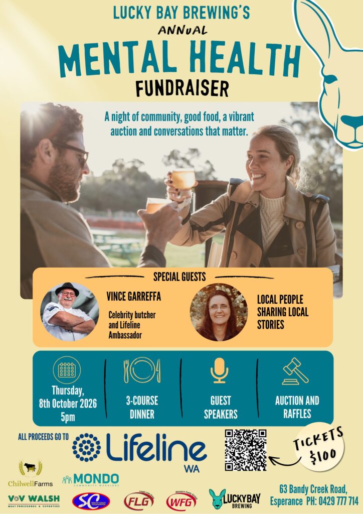 Mental Health fundraiser dinner at Lucky Bay Brewing , 8 Oct 2026