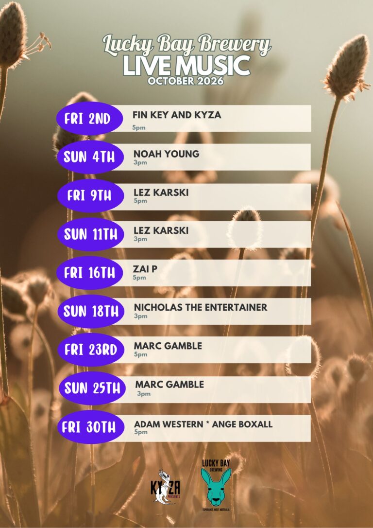 October 2026 live music program at Lucky Bay Brewing