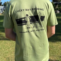 Lucky Bay Brewing 'Surfer Dog' tee in kiwi colour